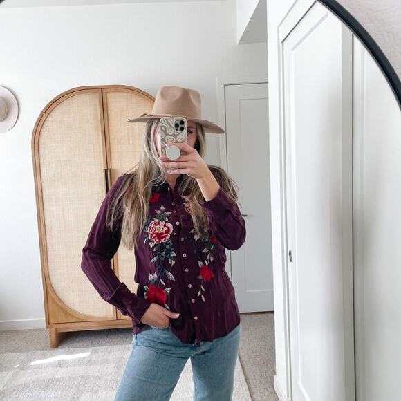 JOHNNY WAS Purple Floral Embroidered Long Sleeve Silk Top - Picture 2 of 12